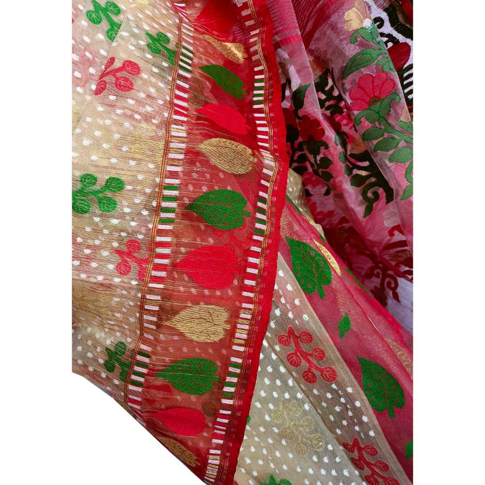 Handwoven Authentic Off-White and Red Patli Pallu Jamdani Saree (100% Cotton Silk) 3 Off White and Red Bangladeshi Jamdani Saree