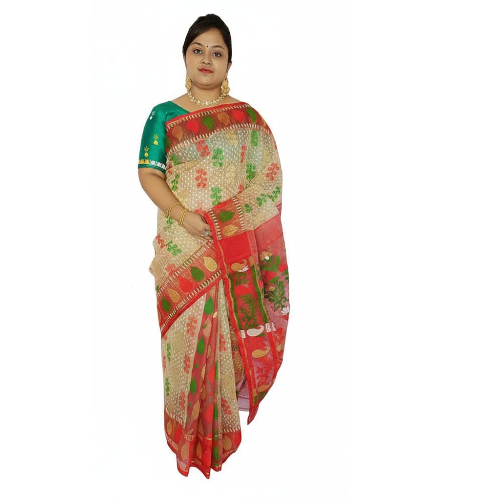 Handwoven Authentic Off-White and Red Patli Pallu Jamdani Saree (100% Cotton Silk) 4 Off White and Red Bangladeshi Jamdani Saree