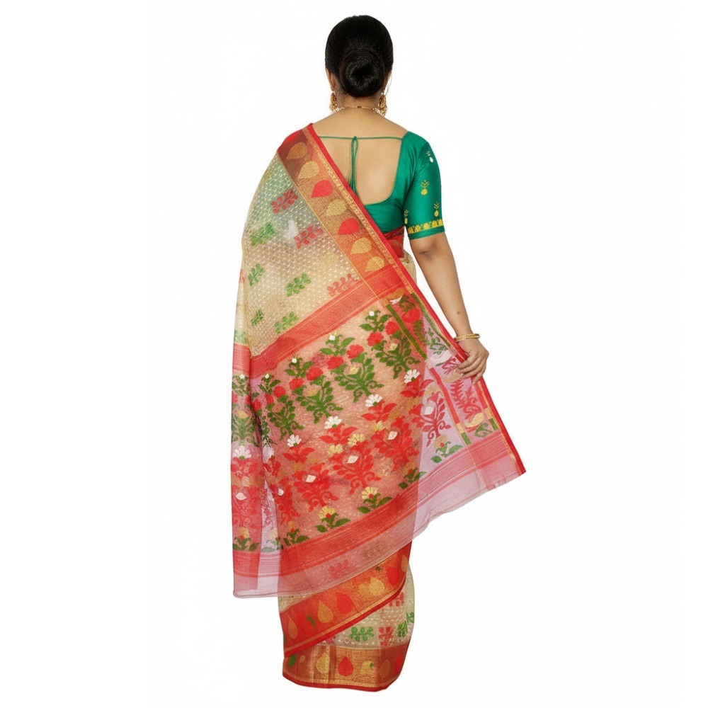 Handwoven Authentic Off-White and Red Patli Pallu Jamdani Saree (100% Cotton Silk) 2 Off White and Red Bangladeshi Jamdani Saree