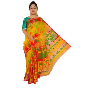 Handwoven Authentic Yellow and Red Patli Pallu Jamdani Saree (100% Cotton Silk)