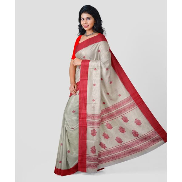 White Cotton Tant Saree with Red Border