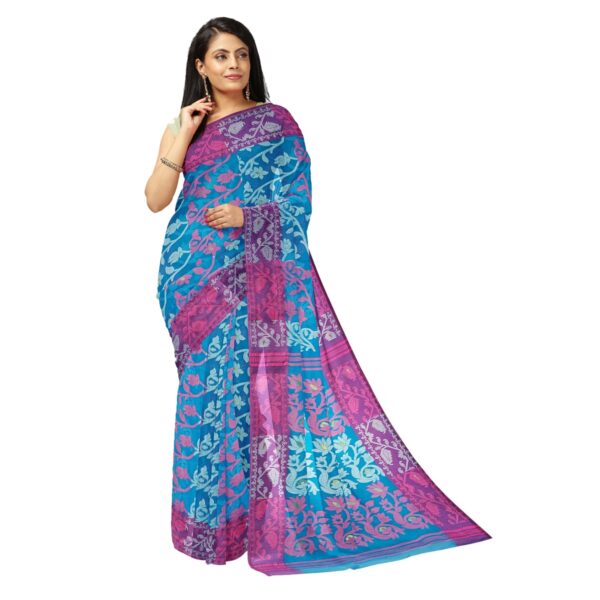 Blue Cotton Jamdani Saree with Pink Border