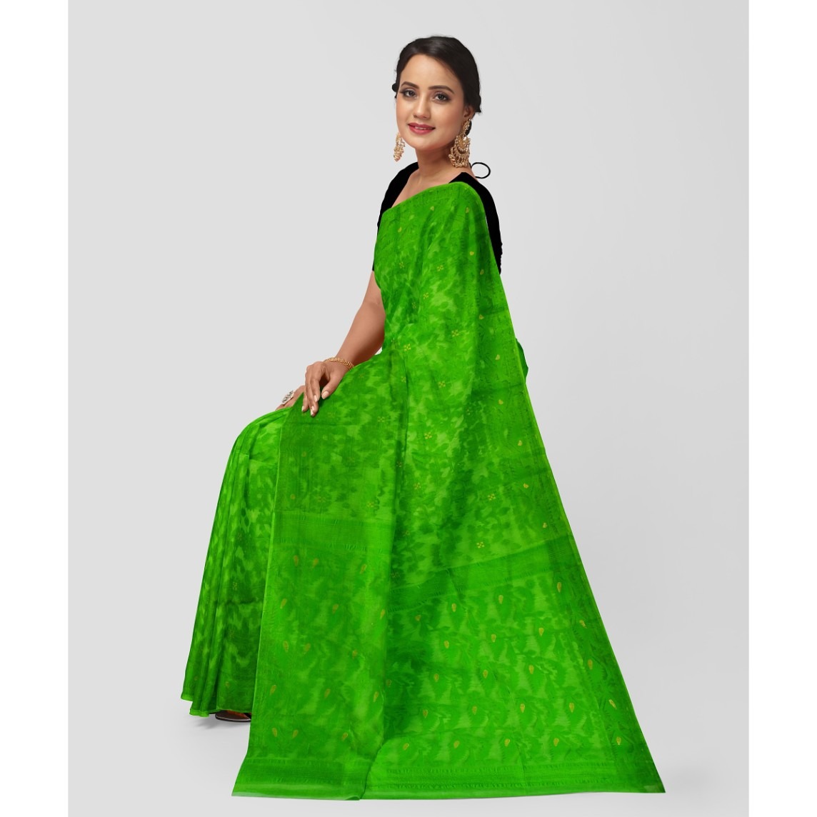 WoodenTant Women's Soft Resham Dhakai Jamdani Saree In Light Green without  Starch And Without Blouse Piece