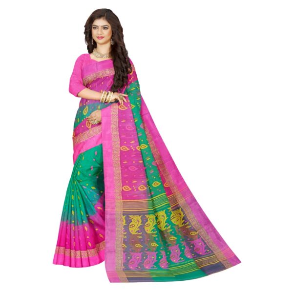 Green and Pink Tant Banarasi Saree for Wedding and Functions