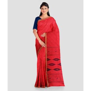 Red Pure Cotton Floral Print Saree with Golden Border