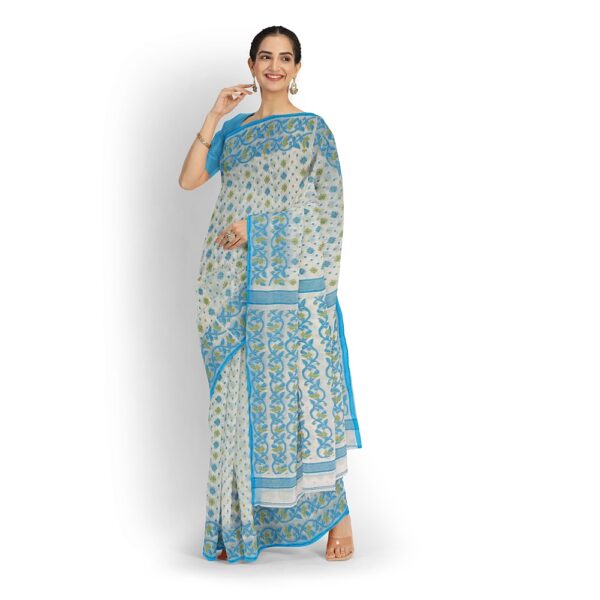 White Cotton Dhakai Jamdani Saree with Blue Border