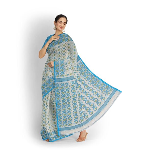 White Cotton Dhakai Jamdani Saree with Blue Border