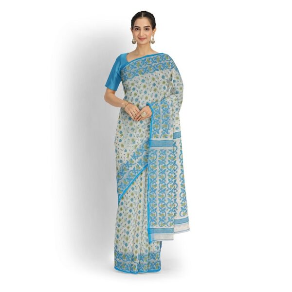 White Cotton Dhakai Jamdani Saree with Blue Border