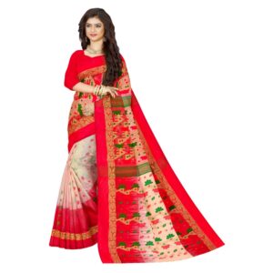 Red and White Tussar Silk Tant...