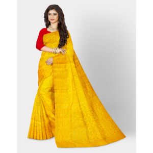 Yellow Self Dhakai Jamdani Saree with Pure Cotton Silk
