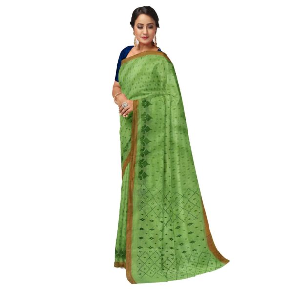Green Printed Sari with Zari Border