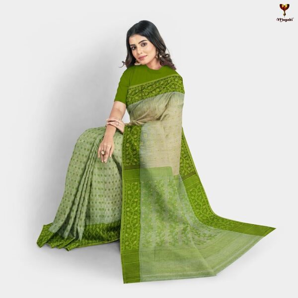 Off White and Green Resham Silk Jamdani Saree