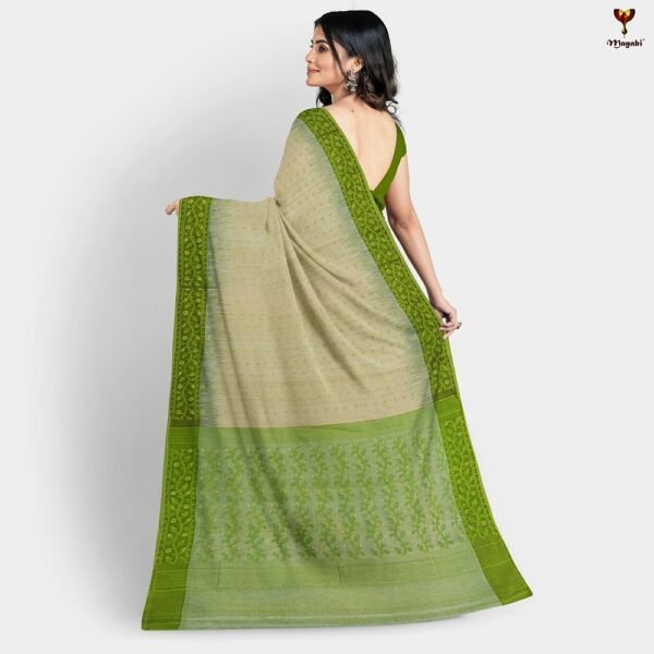 Off White and Green Resham Silk Jamdani Saree