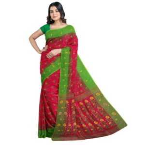 Rani Pink Dhakai Jamdani Saree with Green Border in Pure Cotton Silk