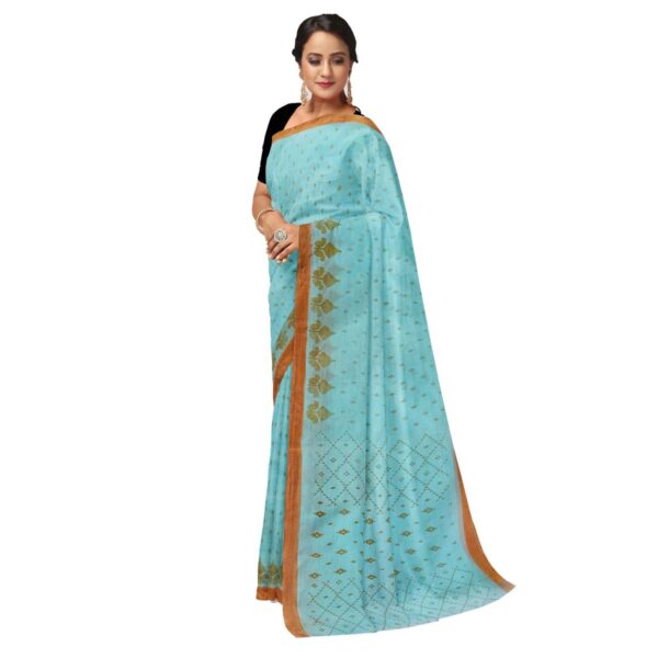 Sky Blue Cotton Floral Printed Sari with Zari Border