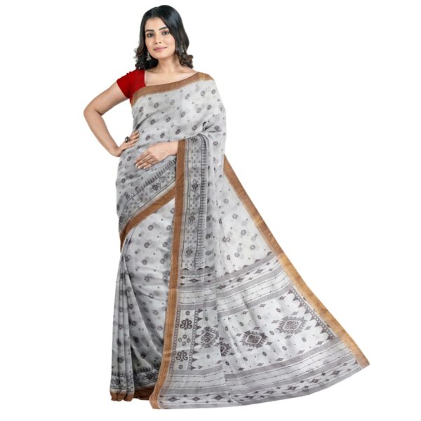 White and Dark Brown Print Sari with Zari Border