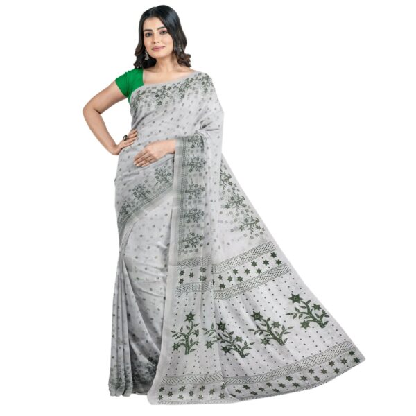 White and Green Cotton Print Sari