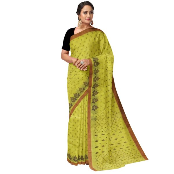 Yellow Cotton Printed Sari with Zari Border