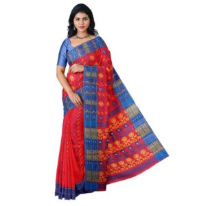 Red Pink Baluchari Saree in Pure Cotton with Blue Border