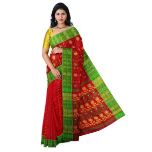 Red Pure Cotton Traditional Baluchari Saree with Green Border