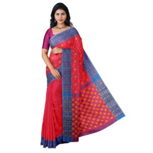 Red Pink Baluchari Saree in Pure Cotton with (Fully Hand Woven Tant)