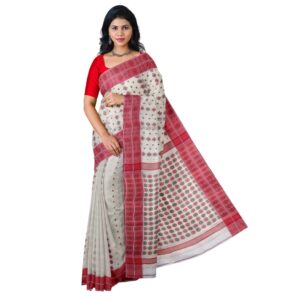 White and Red Baluchari Saree in Pure Cotton with (Fully Hand Woven Tant)
