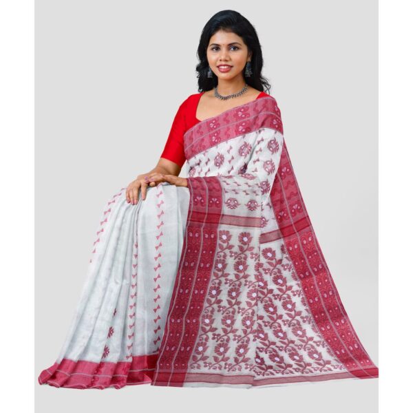 White and Red Kolkata Cotton Baluchari Saree