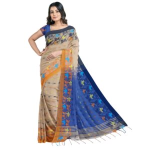 Bengali Off White Handloom Saree with Blouse Piece (Unstitched) in Pure Cotton Silk
