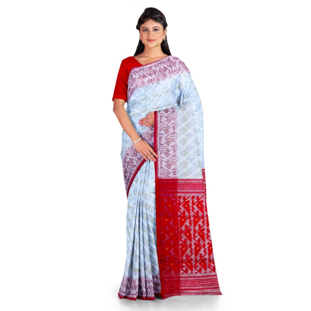 jamdani saree red and white