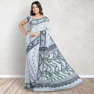 Black and White Jamdani Saree with Blouse Piece