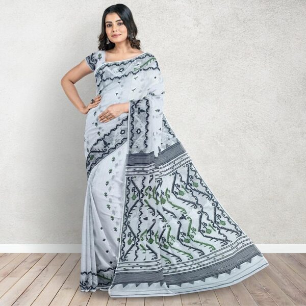 Black and White Jamdani Saree with Blouse Piece