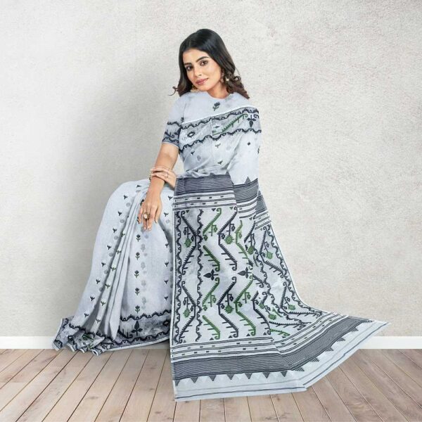 Black and White Jamdani Saree with Blouse Piece