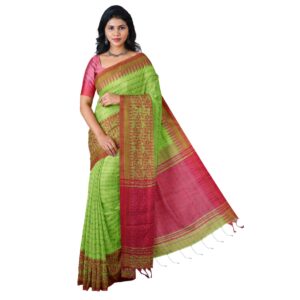 Bengali Green Cotton Handloom Saree with Blouse Piece (Unstitched)