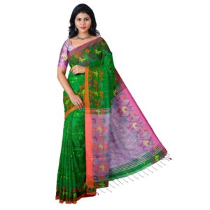 Bengali Green Cotton Silk Handloom Saree with Blouse Piece (Unstitched)