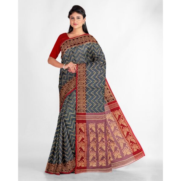 Grey and Red Saree in Resham Cotton