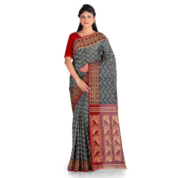 Grey and Red Saree in Resham Cotton