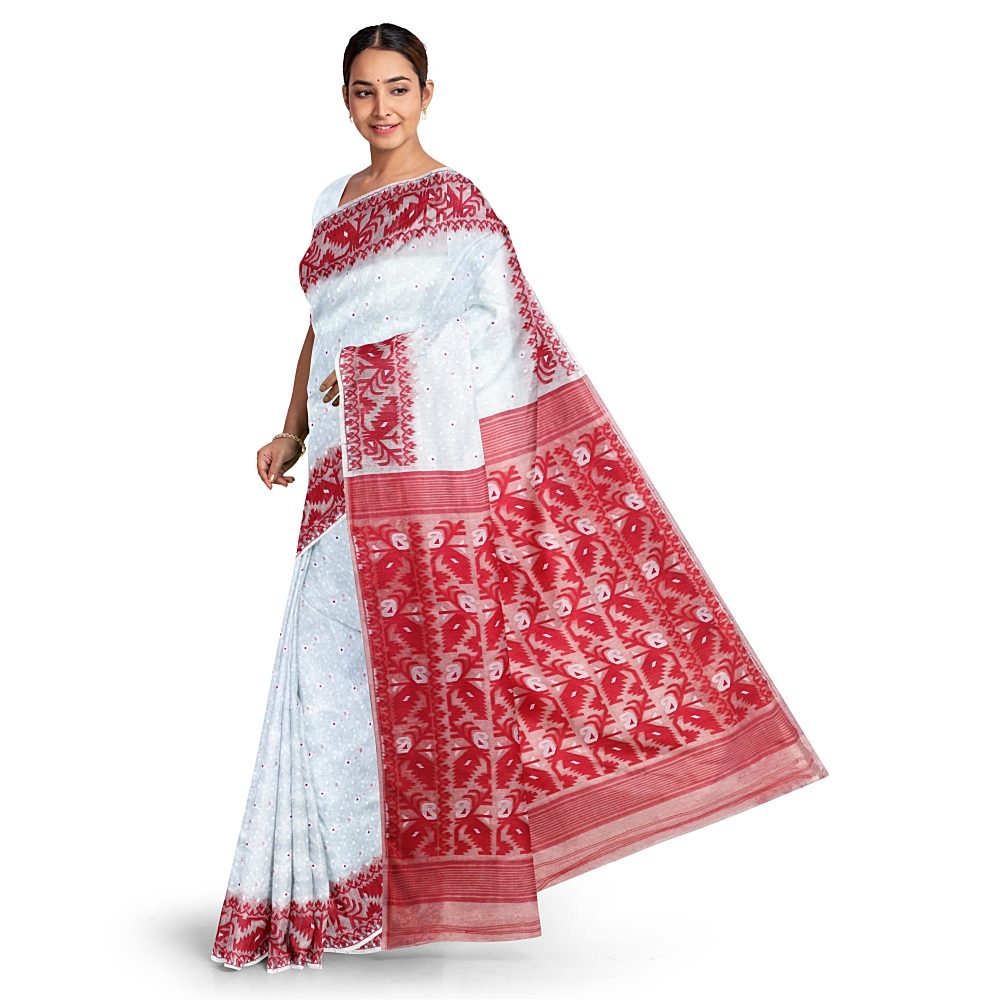 Vintage White Red Lal Shada Soft Cotton Silk Dhakai Jamdani Saree with Blouse Piece | Handwoven Bengali Heritage Saree for Durga Puja, Weddings & Festivals 3 Lal Par Sada Soft Jamdani Saree with Blouse Piece