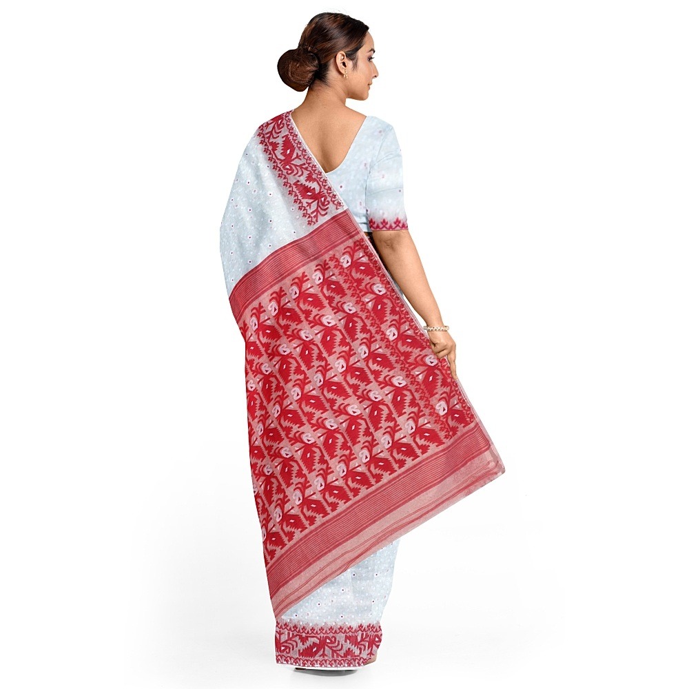 Vintage White Red Lal Shada Soft Cotton Silk Dhakai Jamdani Saree with Blouse Piece | Handwoven Bengali Heritage Saree for Durga Puja, Weddings & Festivals 2 Lal Par Sada Soft Jamdani Saree with Blouse Piece