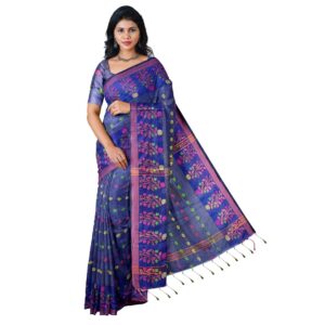 Bengali Navy Blue Handloom Saree in Silk with Zari Work with Blouse Piece (Unstitched)