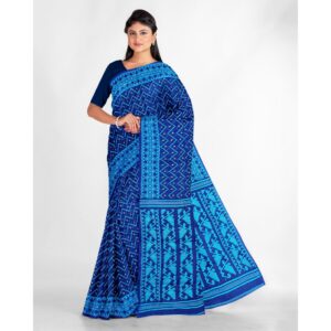 Authentic Soft Navy Blue Tant Jamdani Saree in Resham Cotton
