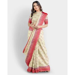 Bengali Off White Cotton Handloom Saree with Blouse Piece (Unstitched)