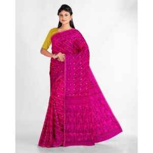 Authentic Soft Rani Pink Tant Jamdani Saree in Resham Cotton