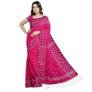 Rani Pink Silk Handloom Saree with Silver Zari Work & Blouse Piece (Unstitched)
