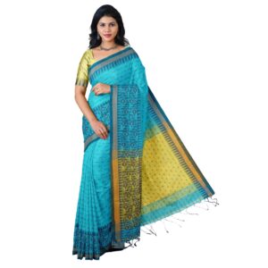 Bengali Sky Blue Cotton Handloom Saree with Blouse Piece (Unstitched)