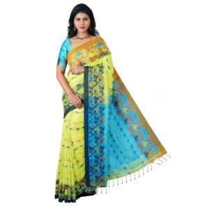 Bengali Yellow Handloom Saree with Blouse Piece (Unstitched) in Pure Cotton Silk