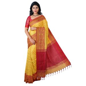 Bengali Yellow Cotton Handloom Saree with Blouse Piece (Unstitched)