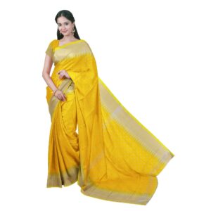 Bengali Yellow Silk Handloom Saree with Silver Zari Work & Blouse Piece (Unstitched)