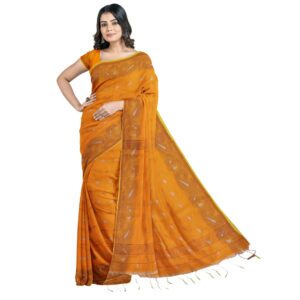 Party Wear Yellow Silk Bengali Handloom Saree with Copper Zari Work & Blouse Piece (Unstitched)