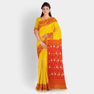 Yellow Red Dhakai Jamdani Sare...