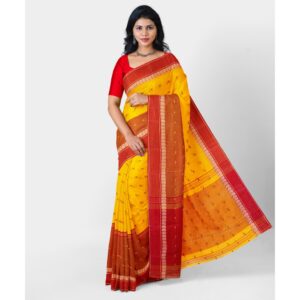 Yellow with Red border Saree in Pure Cotton for Haldi Function